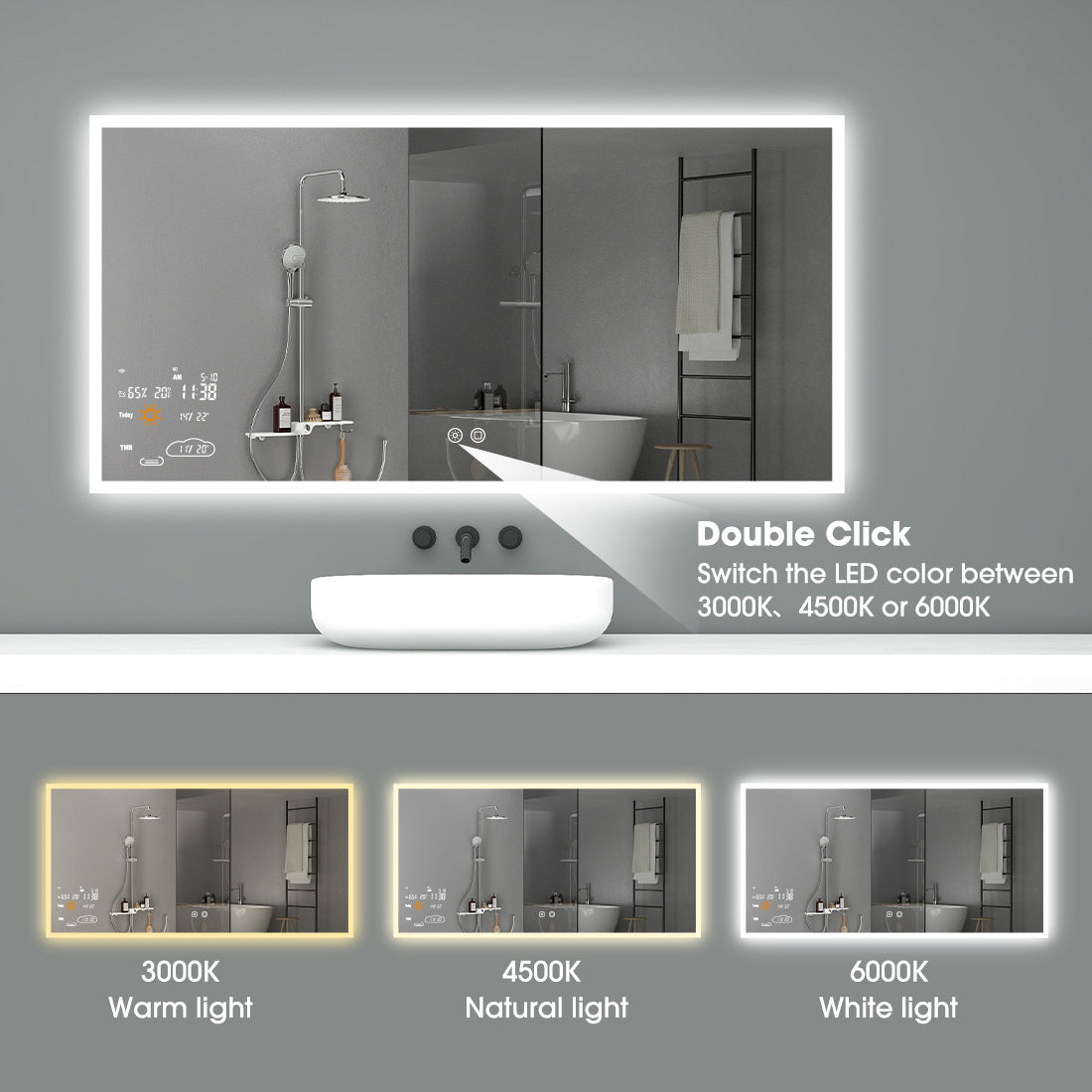 24″×32″ Smart LED Bathroom Mirror with Wi-Fi Weather Display, Anti-Fog