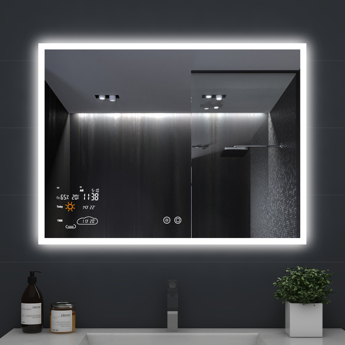 24″×32″ Smart LED Bathroom Mirror with Wi-Fi Weather Display, Anti-Fog