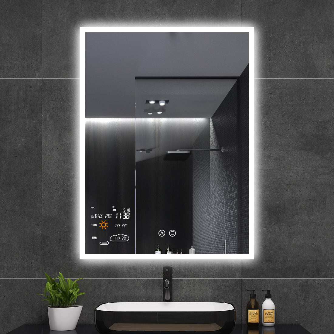 24″×32″ Smart LED Bathroom Mirror with Wi-Fi Weather Display, Anti-Fog