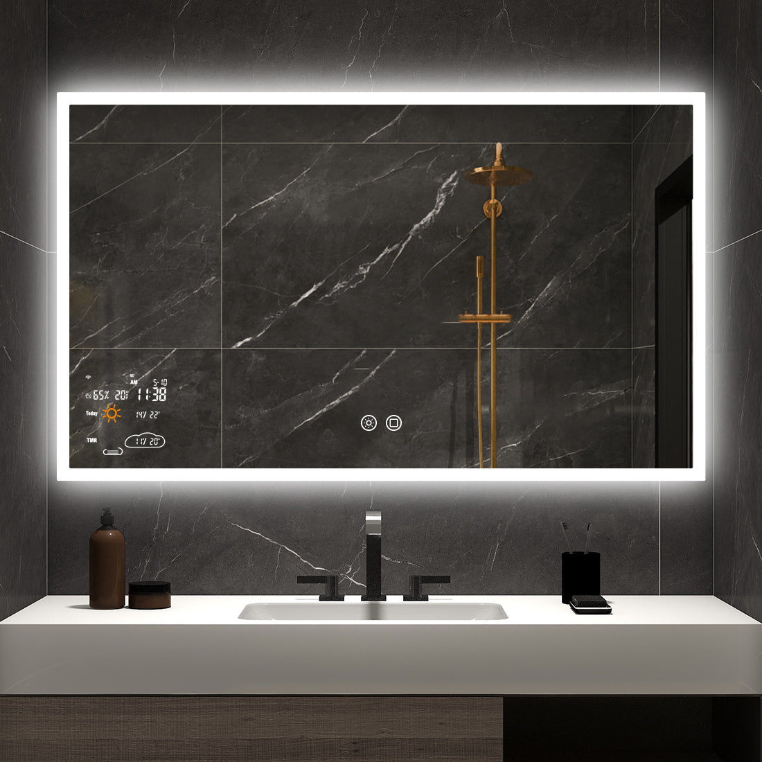 24″×32″ Smart LED Bathroom Mirror with Wi-Fi Weather Display, Anti-Fog