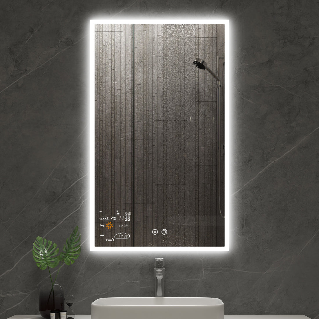 24″×32″ Smart LED Bathroom Mirror with Wi-Fi Weather Display, Anti-Fog