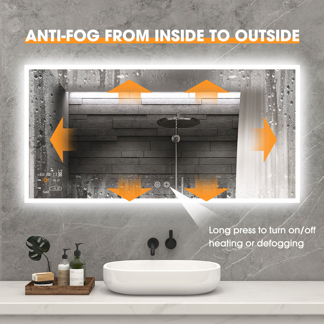 24″×32″ Smart LED Bathroom Mirror with Wi-Fi Weather Display, Anti-Fog